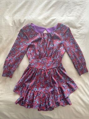 For Love & Lemons Purple Mini Dress with Red Floral Print